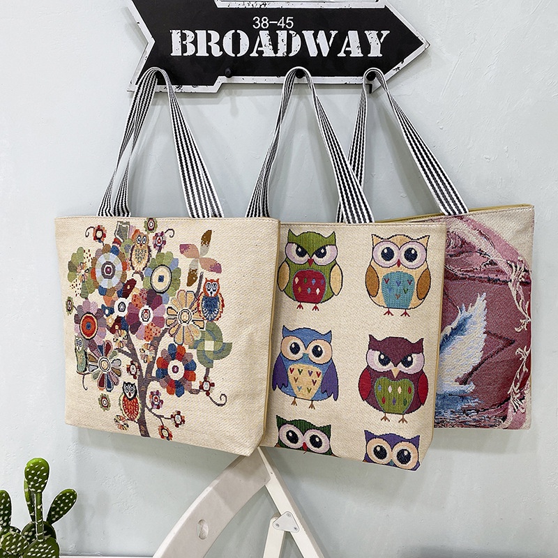 Túi tote cho nữ xách đồ hình Cú đi du lịch rộng rãi có khóa kéo kích thước 45x8x38cm