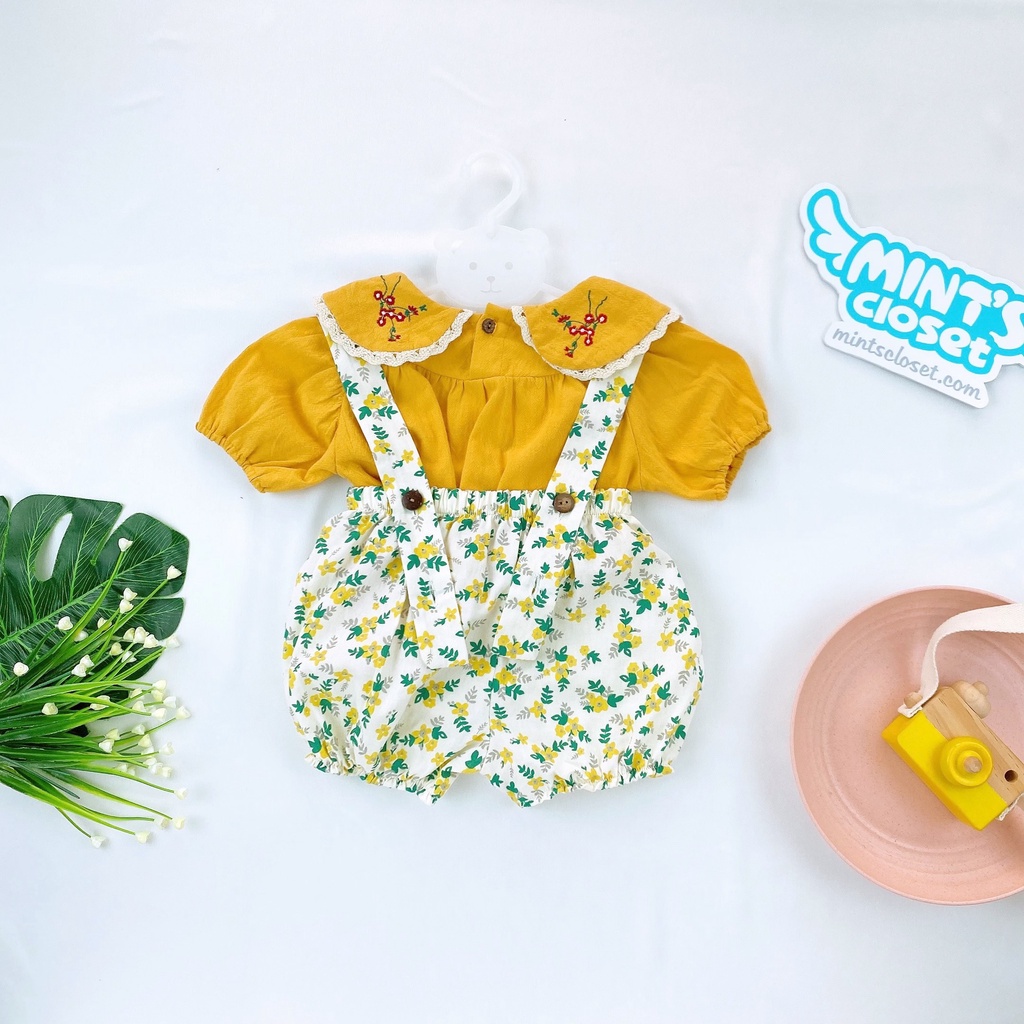 Set yếm bé gái kèm áo thêu hoa thô boil mềm phối ren cho bé 6 - 16kg MINTSCLOSET Mint's Closet - YE5030