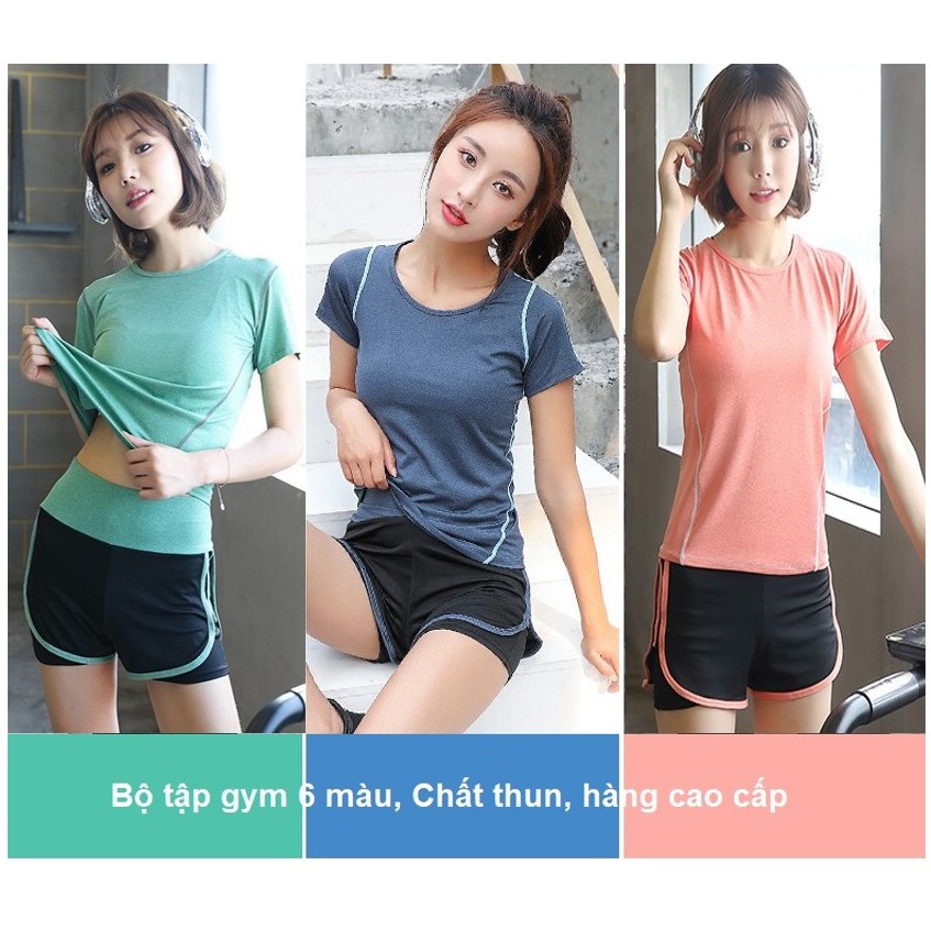 [CÓ SIZE LỚN] set bộ đồ tập gym, yoga, aerobic nữ Linda018 áo thun quần đùi 2 lớp