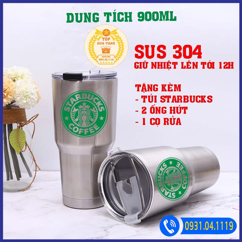 Ly giữ nhiệt Starbuck Thái Lan 900ml [Tặng 1 túi + 2 ống hút + 1 cọ rửa] Kiểu ly yeti Inox 304 giữ đá lạnh lên đến 12h