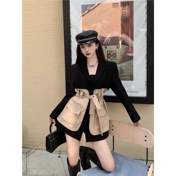 Đầm vest mix 2 màu,có dây thắt eo tôn dáng