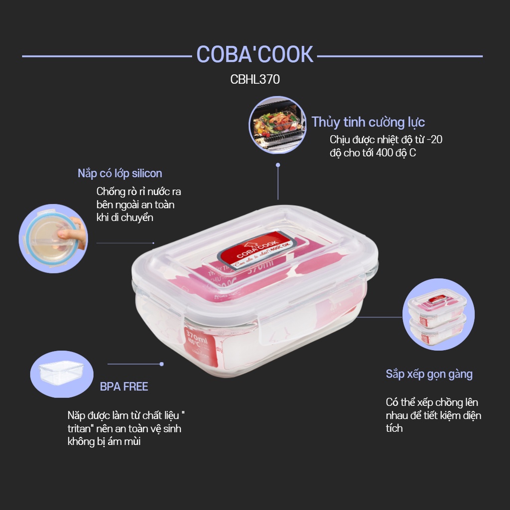 Bộ hộp đựng cơm thủy tinh COBA'COOK 2 hộp chữ nhật 370ml và 1 hộp tròn 400ml + 1 túi giữ nhiệt- CCR4L33BS