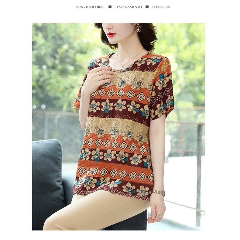 Áo Thun Lụa Lạnh Tay Ngắn Dáng Rộng Sọc Ca Rô Thời Trang Mùa Hè Cho Phụ Nữ Trung Niên