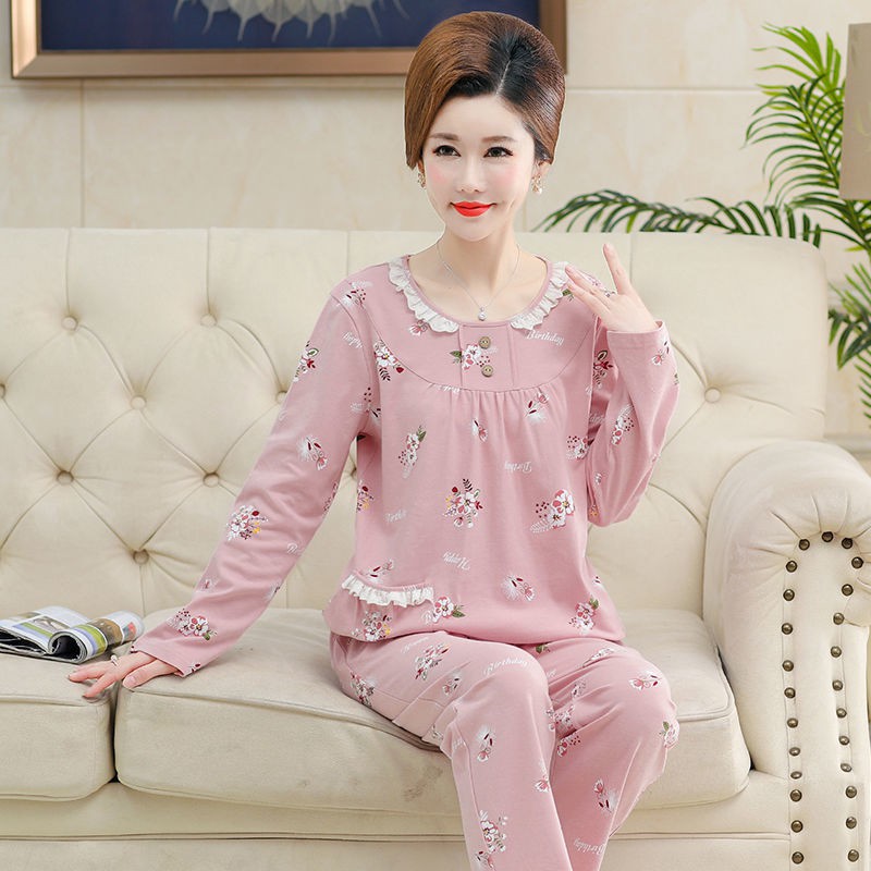 pyjama cho mẹ bầu dài tay áo Bộ quần cotton ở nhà người lớn tuổi, nữ rộng rãi và sizeG