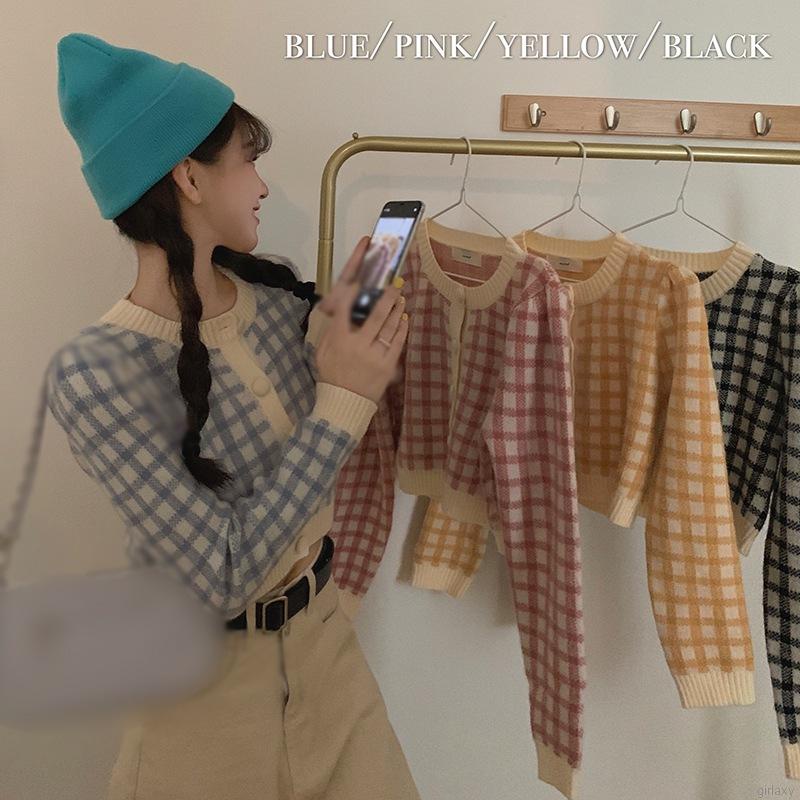 Áo khoác len cardigan tay dài cổ tròn họa tiết sọc caro phong cách Hàn Quốc cho nữ