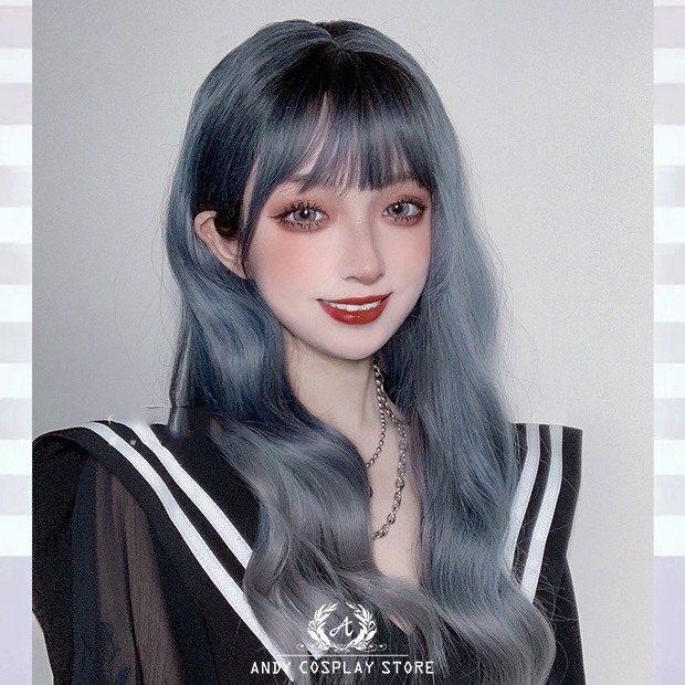 [CÓ SẴN] Wig teen/ tóc giả xanh xám xoăn sóng Blueberry Jam Hengji