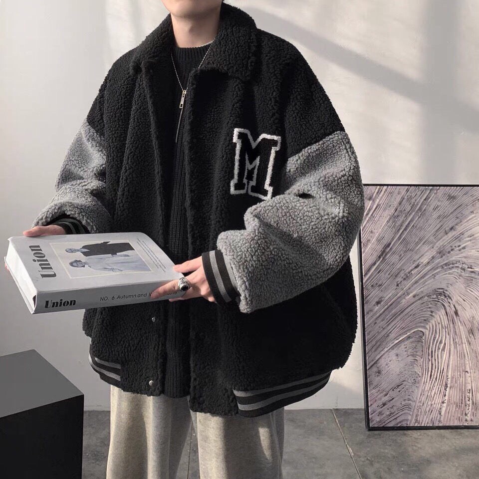 Khoác Lông Nam Nữ Cổ Bẻ Thêu Chữ M Oversize Dáng Rộng Unisex