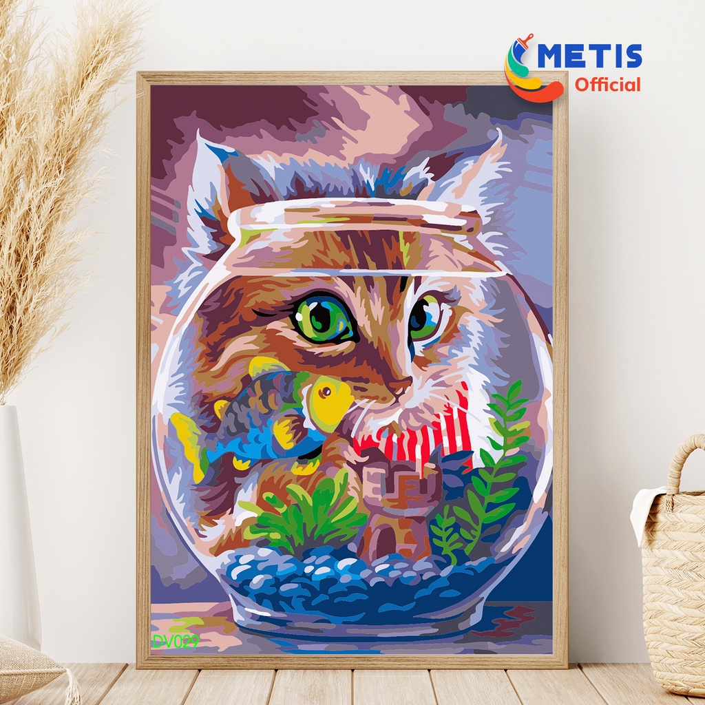 Tranh Số Hoá METIS OFFICIAL Đã Căng Khung Sẵn Tranh Tô Màu Theo Số Động Vật Con Mèo DV029
