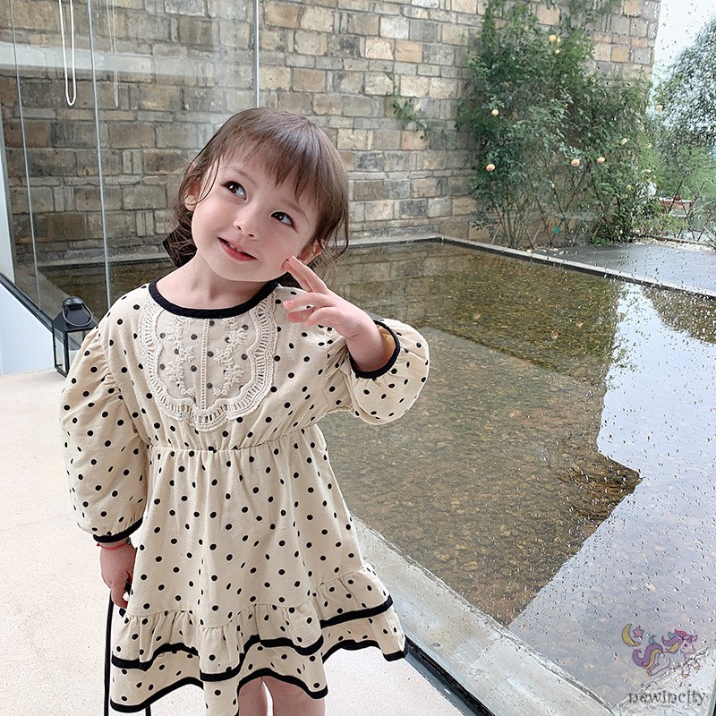 Đầm công chúa Dài Tay Họa Tiết Chấm Bi Dễ Thương Cho Bé