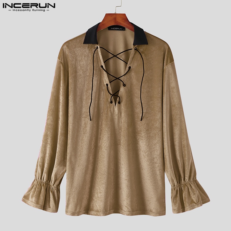 Áo thun INCERUN dài tay cổ chữ V thắt dây cho nam