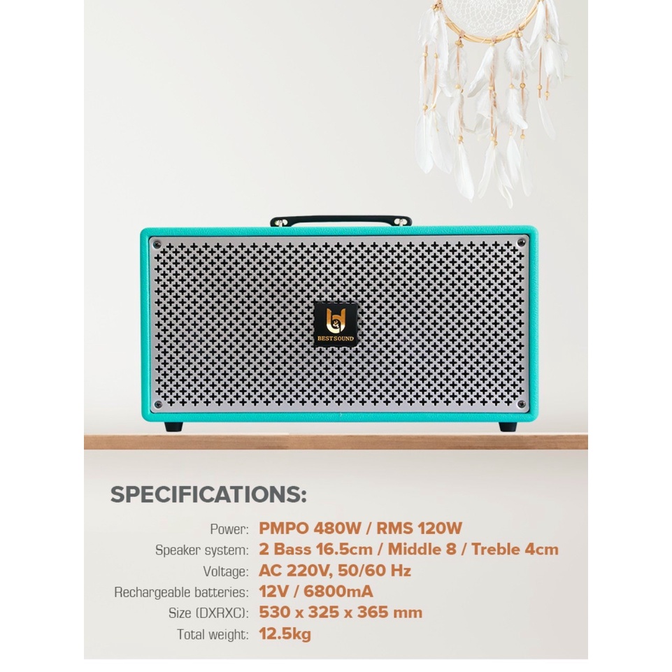 Loa kéo Best Sound M6 - Loa xách tay di động tích hợp vang số chỉnh cơ có Reverb - Hệ thống 2 loa bass 16.5cm và 1 mid