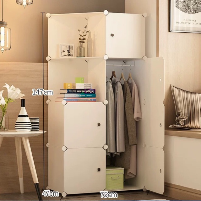 TỦ QUẦN ÁO 8 Ô GỒM 2 KỆ ĐỂ ĐỒ. Tặng 1 treo đồ. Tủ lắp cao 150cm rộng 75cm sâu 37cm hoặc 47cm. Hàng coa sẵn.