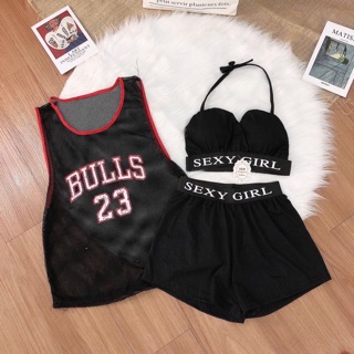 Set bikini phối áo lưới 3 món chất thun, lưới