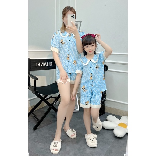 Bộ ngủ Pijama mẹ và bé cộc tay Kenkids, bộ đồ ngủ đôi mẹ và bé mặc nhà chất lụa mango