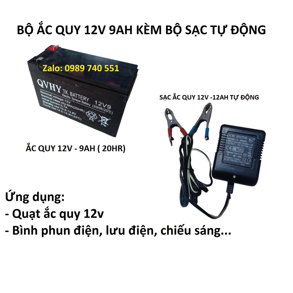 Bộ Ắc quy khô 12V 9AH dùng cho quạt ắc quy 12v kèm  sạc ắc quy tự động