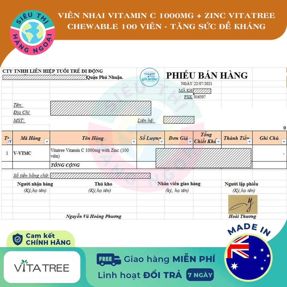 Viên nhai Vitamin C 1000mg with Zinc Chewable Tablet Vitatree Exp2024[Tăng cường hệ thống miễn dịch, sức đề kháng]