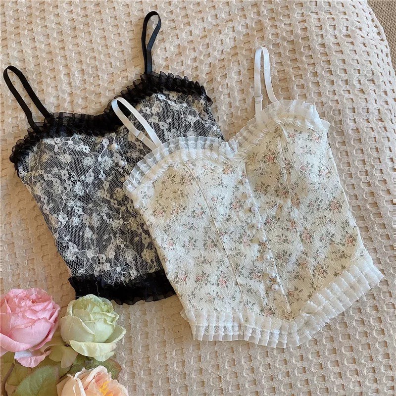 Áo Bra Nữ Ren Hoa Tiểu Thư Đính Hạt Viền Bèo, Chun Sau Dáng Croptop Siêu Xinh Kèm Mút Ngực Ms B3