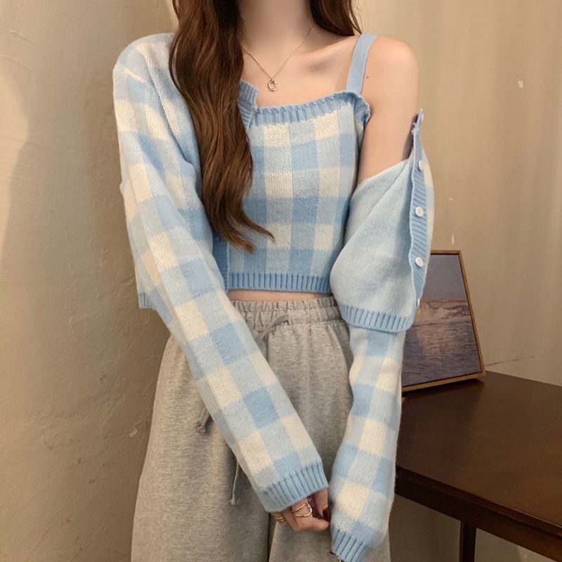Áo Sweater Dài Tay Phong Cách Hàn Quốc Sành Điệu 206822 Bộ Áo Khoác Không Tay + Áo Xinh Xắn Theo Phong Cách Mùa Thu