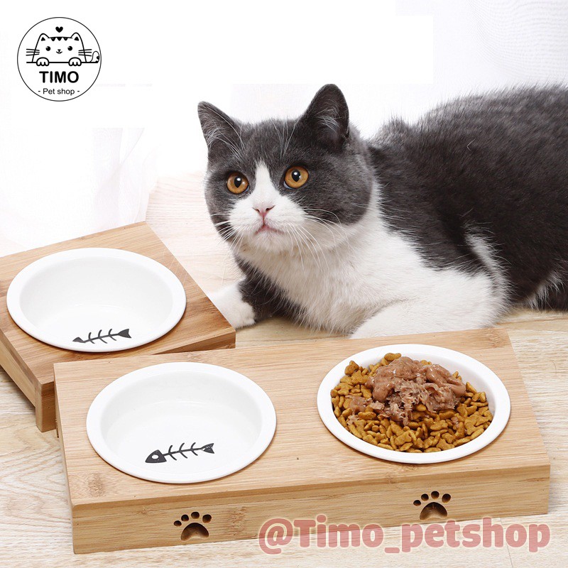 Bát gốm sứ Nhật Bản đế gỗ tre đựng thức ăn chó mèo