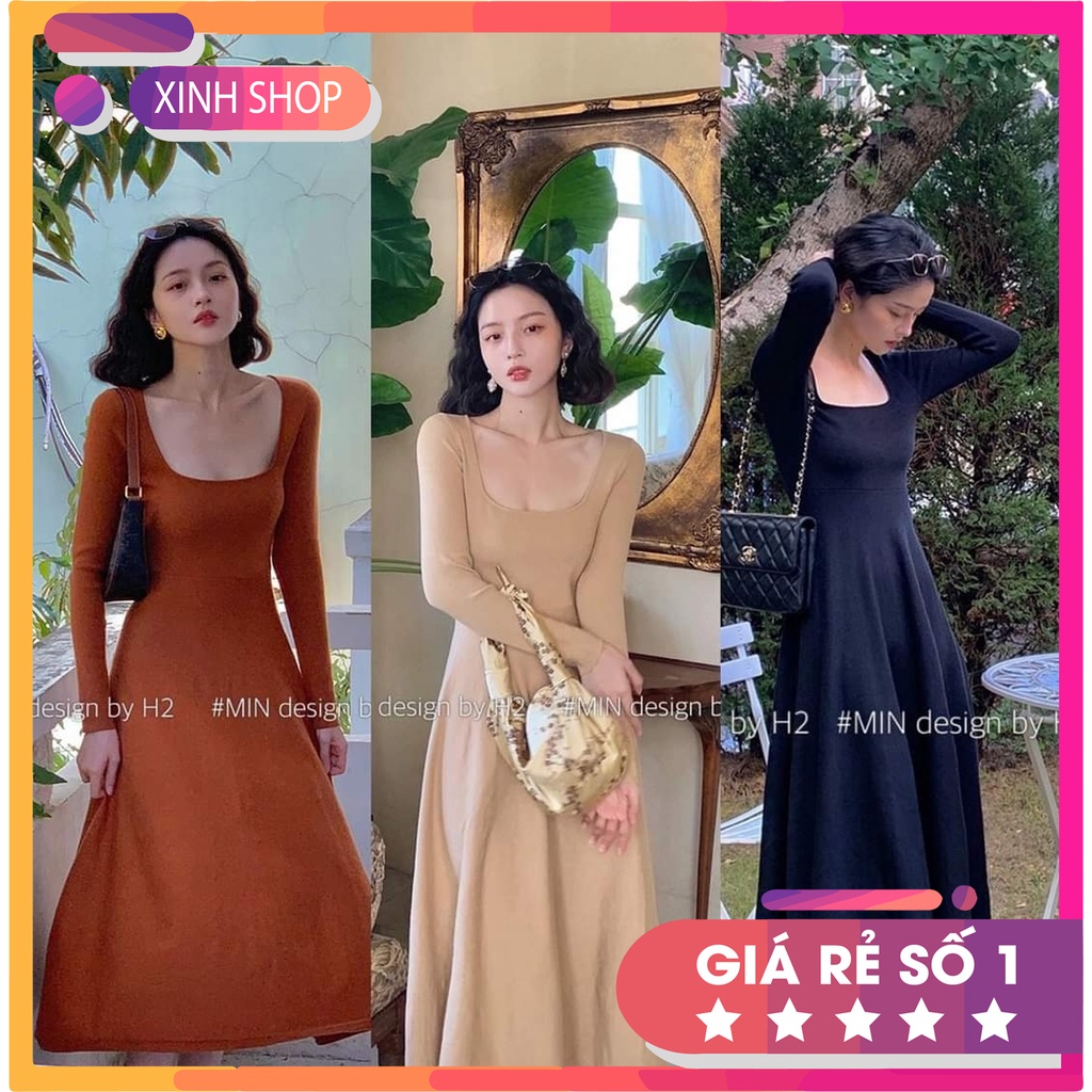 Váy Dáng Xoè Cổ Vuông Dài Tay, Đầm Xoè Dự Tiệc