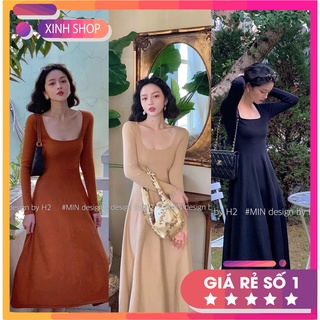 Váy dáng xoè cổ vuông dài tay, đầm xoè dự tiệc