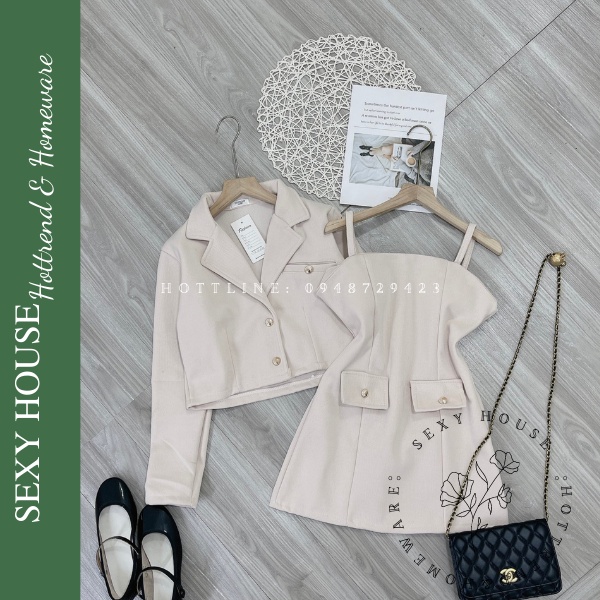 Set áo khoác dạ blazer túi ngọc kèm váy dạ hai dây siêu sang S222 SEXYHOUSE