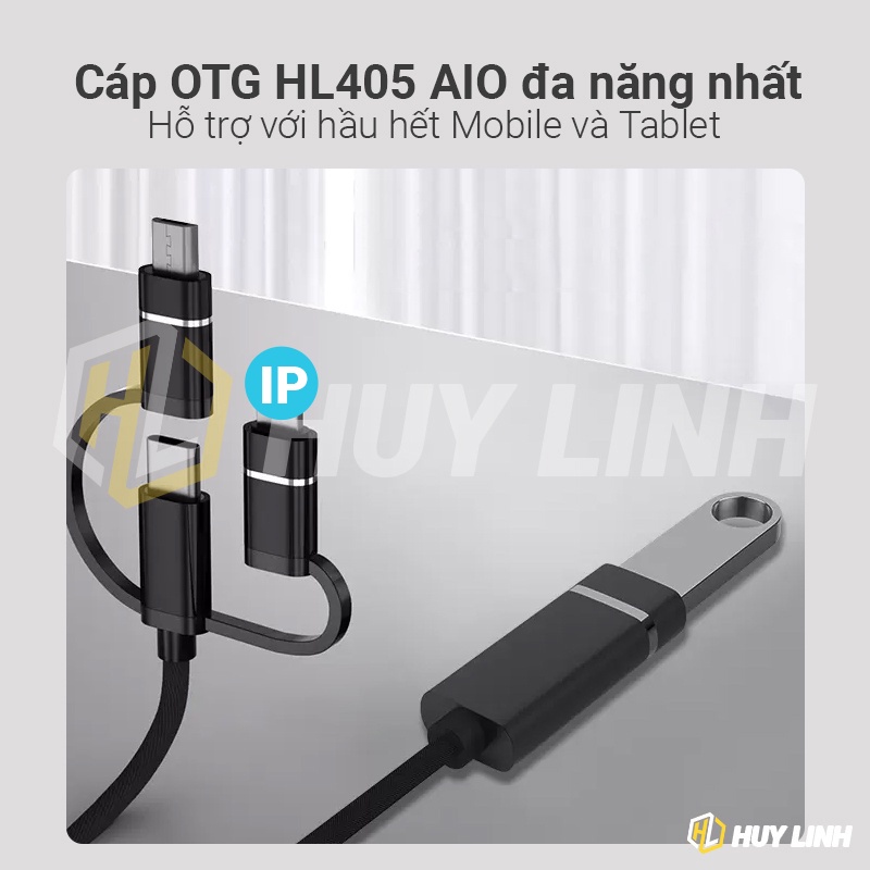 Cáp OTG Táo, Type-C và Micro ra USB 3.0 - Nhôm nguyên khối dài 18cm dây dù HL405