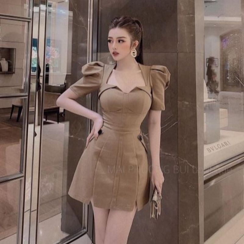 Đầm Xòe Nhẹ Tay Bo Phồng (Size S-M-L-XL) cổ lật kiểu lai xẻ V nhỏ HÀNG THIẾT KẾ