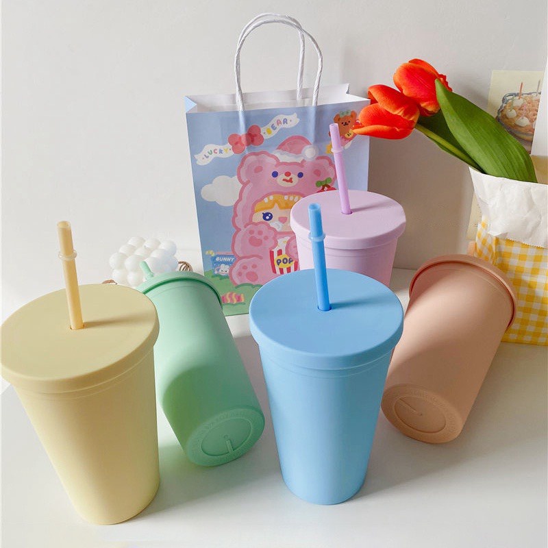 Bình nước có ống hút bình đựng nước cầm tay nhiều màu macaron phong cách học sinh sinh viên dễ thương