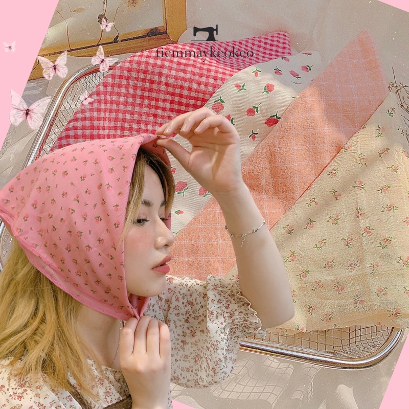 Khăn vải bandana, khăn turban TIEMMAYKEOKEO tone hồng baby chất liệu cotton siêu mềm kích thước 50x50cm