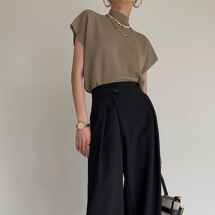 [MURIOKI] Áo Thun Dệt Kim Sát Nách Cổ Cao Kiểu Pháp Xinh Xắn Cho Nữ