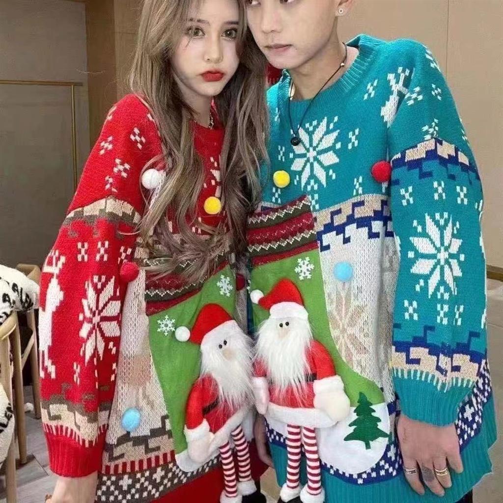 Áo Sweater Tay Dài Dáng Rộng In Họa Tiết Giáng Sinh Phong Cách Hàn Quốc Thời Trang Mùa Đông 2021 Cho Cặp Đôi