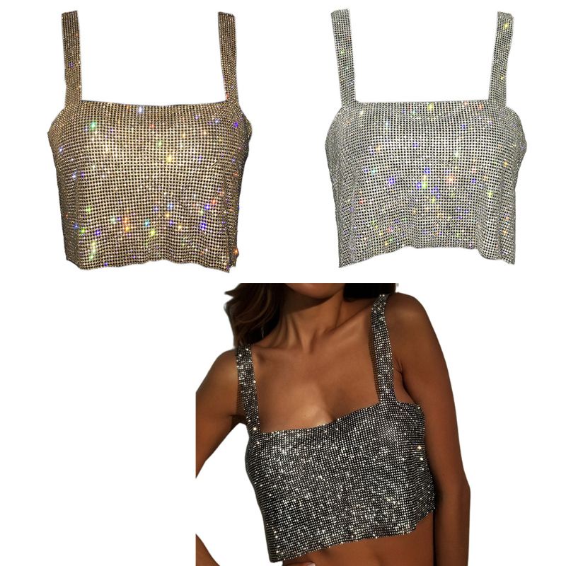 Áo croptop hở lưng đính đá nhân tạo lấp lánh quyến rũ cho nữ