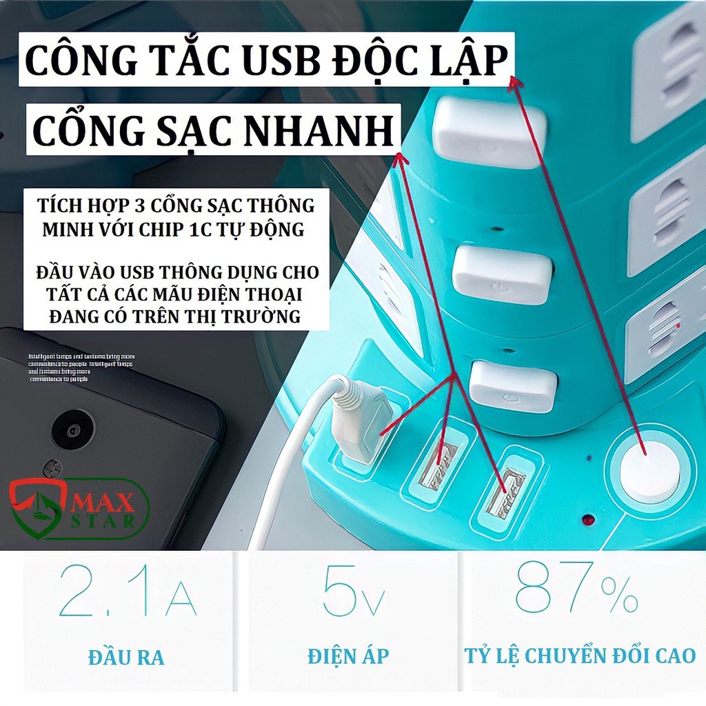 Ổ điện USB nhiều tầng đa năng thông minh chịu tải chống giật chống nước công suất lớn cao cấp chính hãng ✅