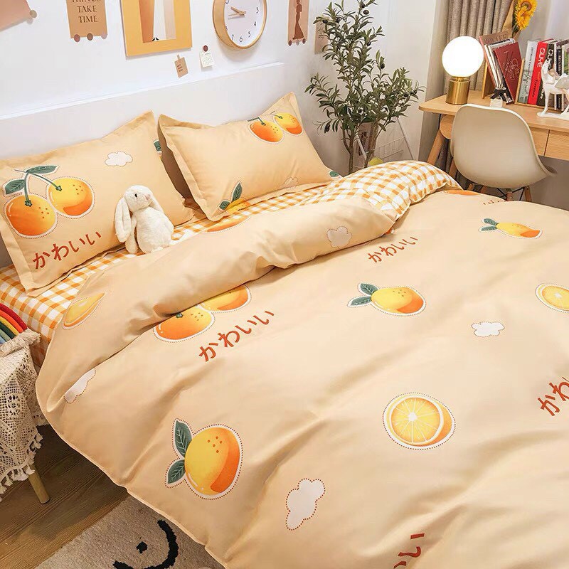 Bộ chăn ga gối drap giường chất cotton poly họa tiết trái cam