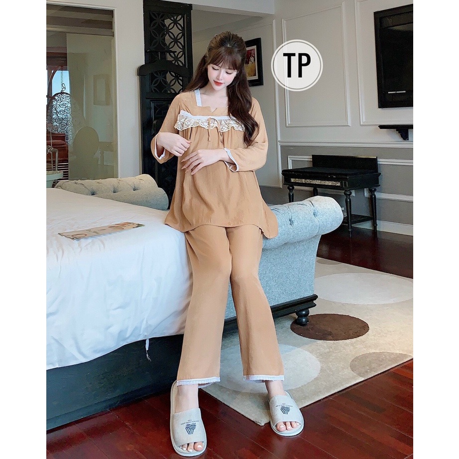 Đồ bầu mặc nhà - bộ bầu sau sinh chất đũi hàn phối ren ở ngực thời trang (45 đến 75Kg )