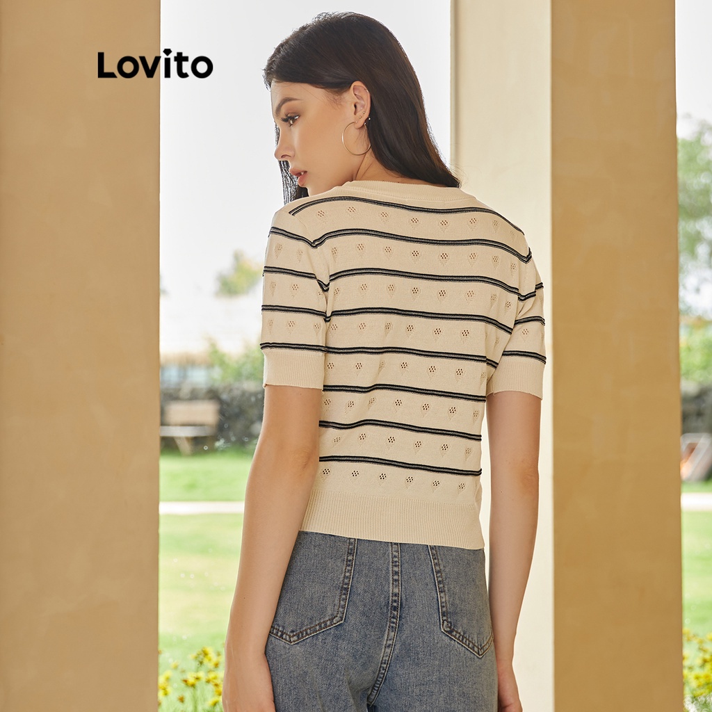 Lovito Áo dệt kim cổ tròn có sọc thường L24ED034 (Đen và Trắng)