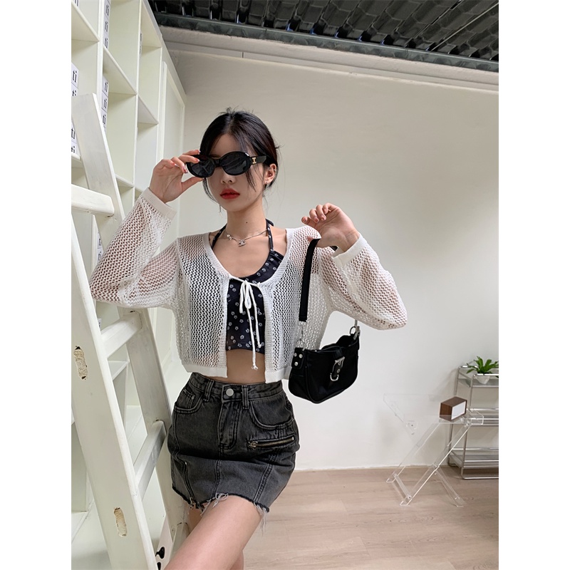 Áo khoác cardigan tay dài thắt dây/ Áo kiểu cổ yếm họa tiết hoa IHKKE thời trang mùa hè dành cho nữ