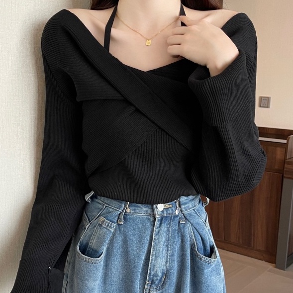 【ZHELIHANGFEI】Áo Dệt Kim Tay Dài Cổ Chữ V Giả Hai Lớp Thời Trang Cá Tính Trẻ Trung