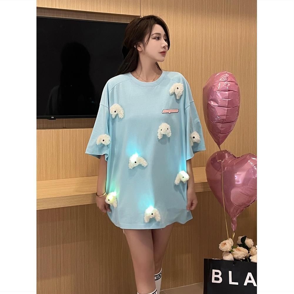 Áo Thun 100% Cotton Nguyên Chất Dáng Rộng In Hình Gấu Thỏ Màu Dạ Quang Phong Cách Pháp Cho Cặp Đôi