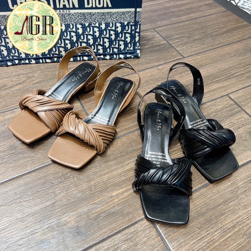 Sandal quai xoắn da hậu thun gót viền cao 2 cm