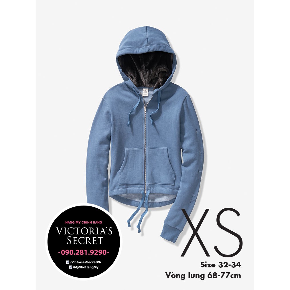 (XS và S) Áo khoác xanh có nón, Old School Blue, form vừa thoải mái, thêu chữ Pink cá tính - Victoria's Secret