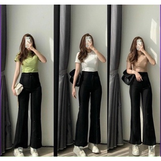 Quần ống loe cạp cao nữ đen dáng dài 2 nút cách điệu cá tính - Quần tây công sở -mã Q2