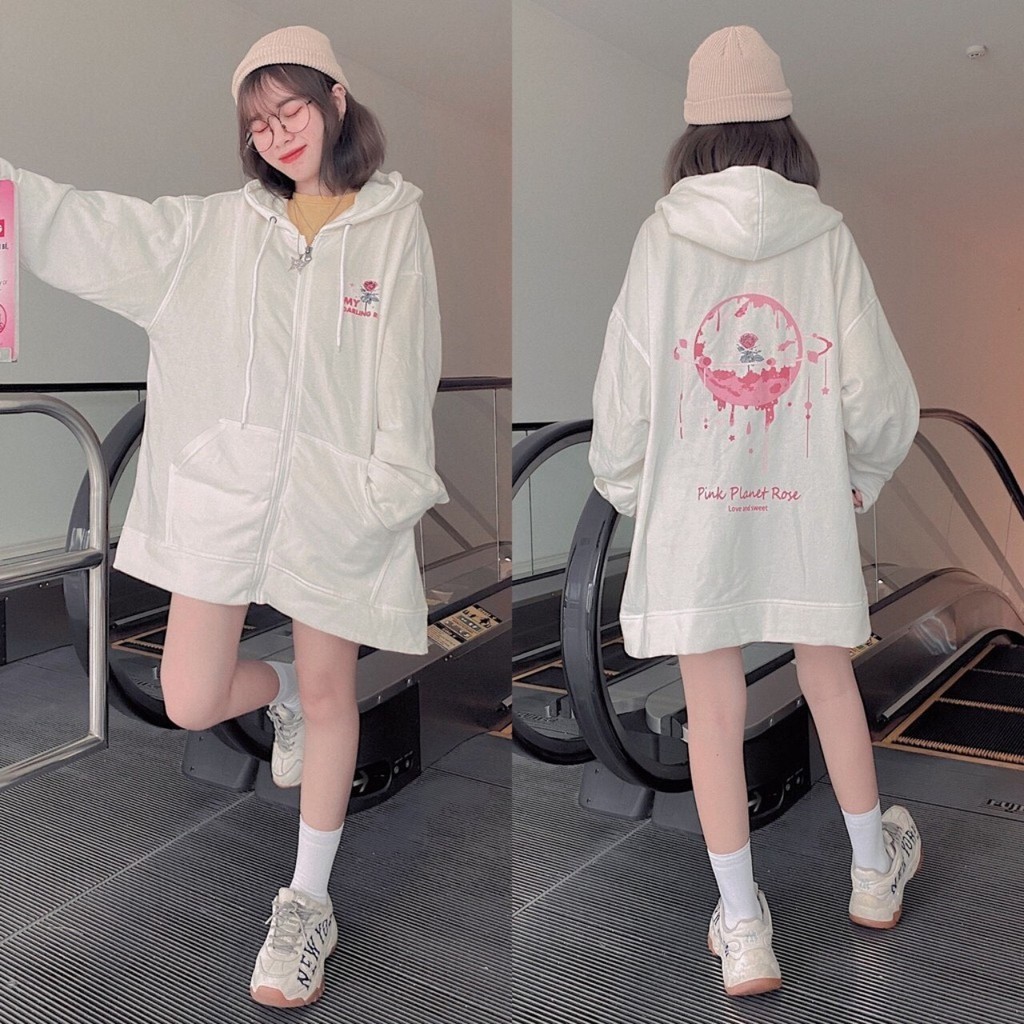 Áo khoác Hoodie THE FOX áó khoác nỉ bông dáng Unisex Form rộng phong cách Ulzzang in hình Planet Rose