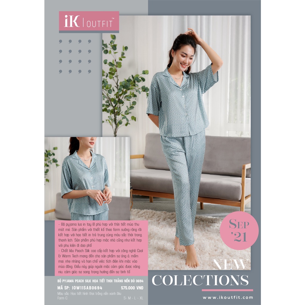 Bộ đồ mặc nhà IK, set đồ lụa ngủ pyjama mặc nhà dáng áo cộc quần dài họa tiết hình thoi đơn giản bắt mắt, màu tôn da