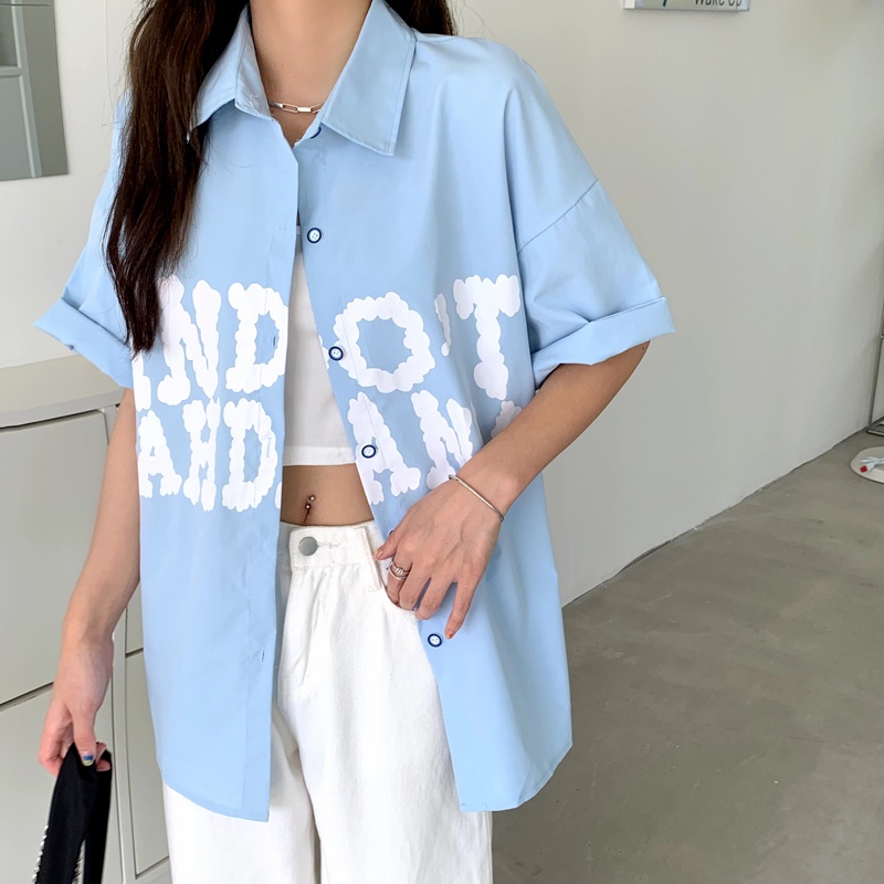 Áo Sơ Mi Tay Ngắn Dáng Rộng In Chữ Phong Cách Hàn Quốc Thời Trang Mùa Hè Cho Nam Và Nữ