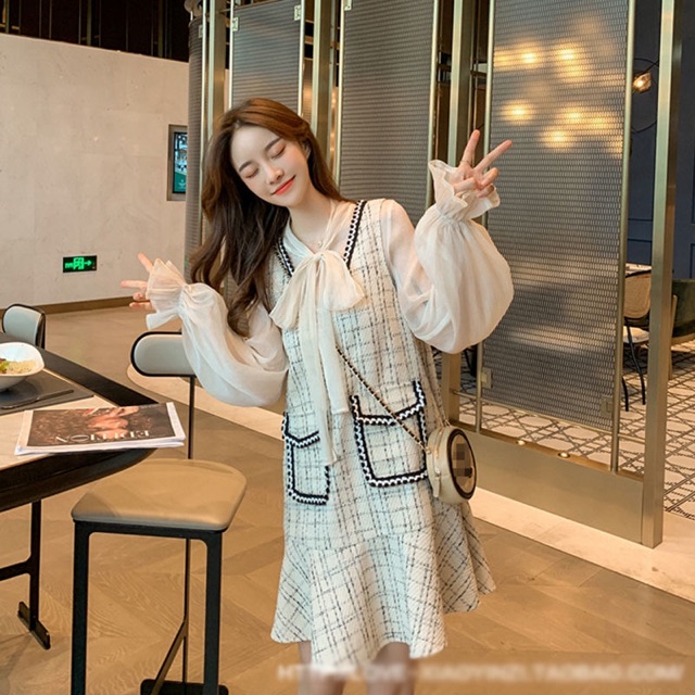 SẴN  Set váy dạ + áo voan chiffon tiểu thư