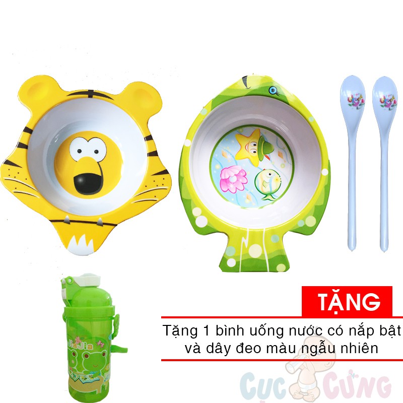 Chén cho bé tập ăn hình hổ bằng nhựa + Tô trẻ em in hình cá + 2 muỗng ăn dặm cán dài TẶNG bình uống nước