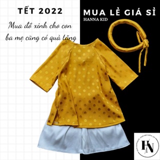 TẶNG KÈM MẤN - Áo Dài Lụa Gấm Vàng Bé Gái HannaKid Quần Trắng Vải Lụa Cho Bé Từ 5 Đến 17 Kg
