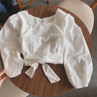 ÁO CROPTOP XÔ TRẮNG CỘT NƠ EO VIỀN REN KÈM ẢNH THẬT
